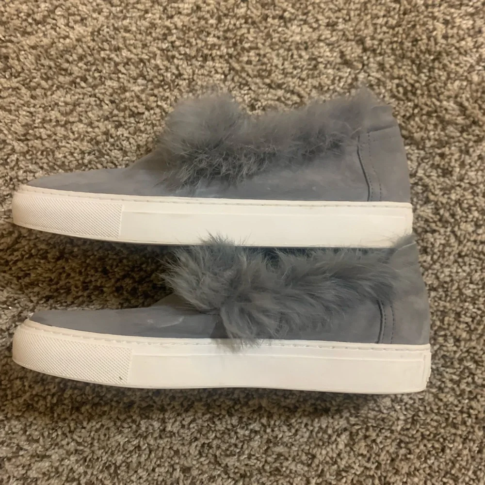 RACHEL ZOE Grey Suede Slip Ons Burke Fur Sz 7.5M Women’s GUC
